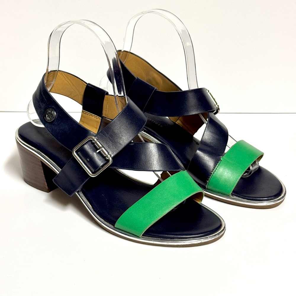 Tommy Hilfiger KONAS Womens 7M Navy Blue Green Wood Block Heel Strap Sandals